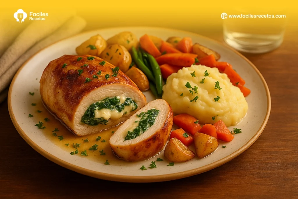 pechuga de pollo rellena de espinaca y queso fundido en plato casero