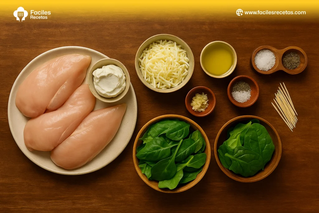 INGREDIENTES PARA PREPARAR PECHUGA DE POLLO CON QUESO Y ESPINACA