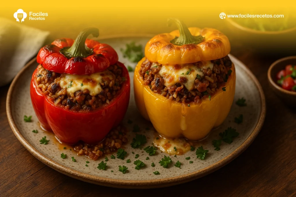 Pimientos rellenos caseros recién horneados, receta saludable y fácil de preparar paso a paso.