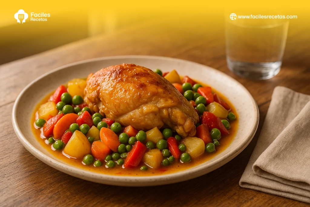 Plato de pollo a la jardinera casero servido con verduras frescas