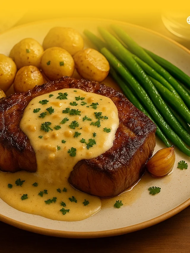 Bistec cocinado con salsa cremosa de ajo servido en plato blanco.