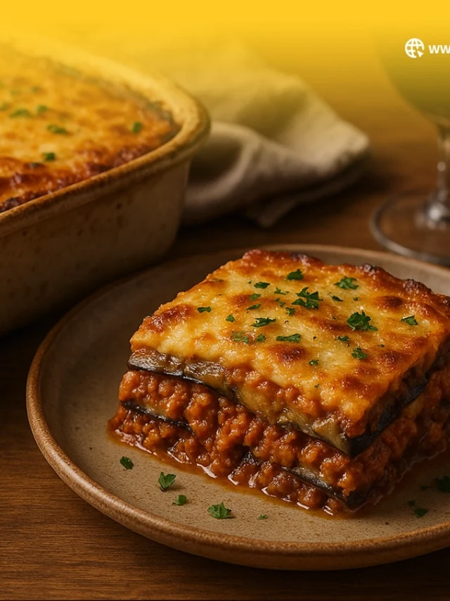 Pastel de berenjena casero servido en un plato blanco con decoración de albahaca
