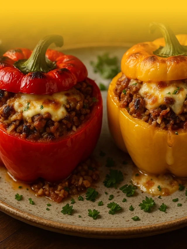 Pimientos rellenos caseros recién horneados, receta saludable y fácil de preparar paso a paso.