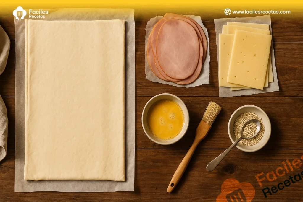 Croissant de jamón y queso recién horneado sobre una bandeja, con queso fundido y masa dorada