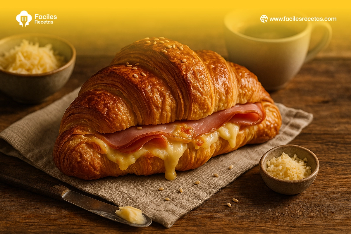 Croissant de jamón y queso recién horneado sobre una bandeja, con queso fundido y masa dorada